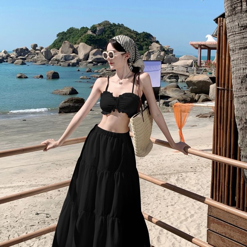 High Top Plain Set: Waist Cropped Maxi Ruffle A-Line Cami + Skirt