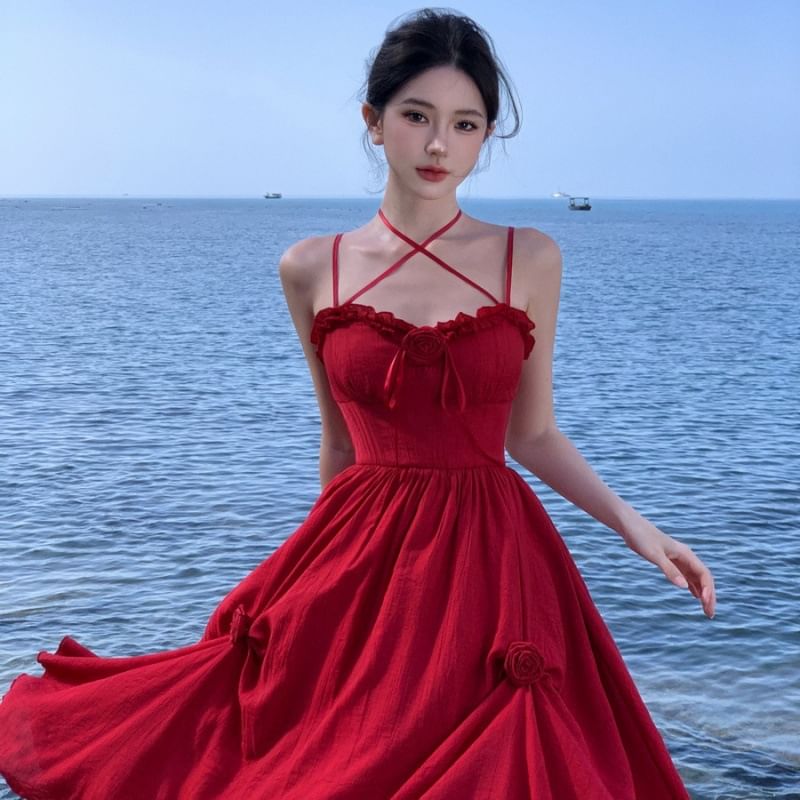 Detail Flower Plain Spaghetti Sundress Maxi Strap Ruffle