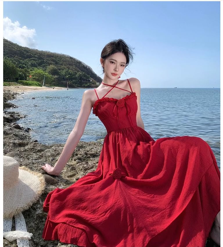 Detail Flower Plain Spaghetti Sundress Maxi Strap Ruffle