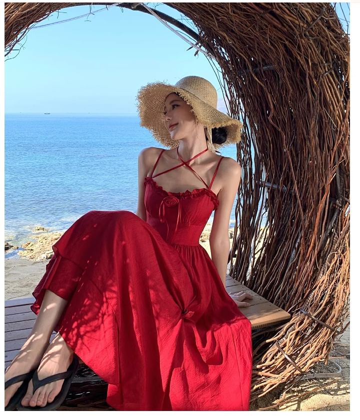 Detail Flower Plain Spaghetti Sundress Maxi Strap Ruffle