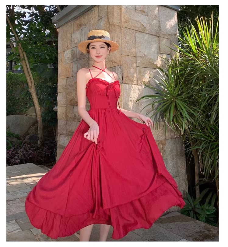 Detail Flower Plain Spaghetti Sundress Maxi Strap Ruffle