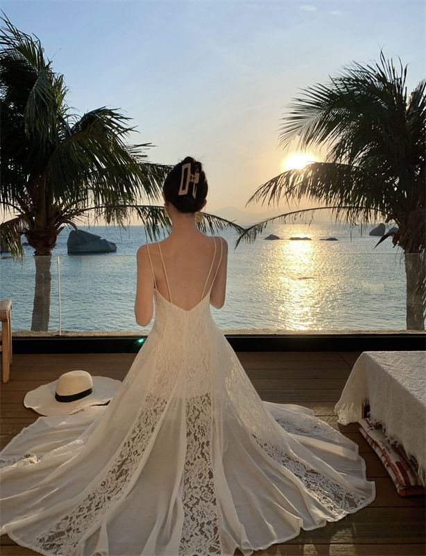 Lace Open Sundress Maxi Strap Spaghetti Back Panel Plain