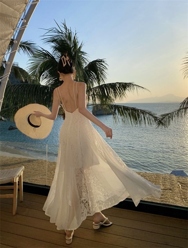 Lace Open Sundress Maxi Strap Spaghetti Back Panel Plain