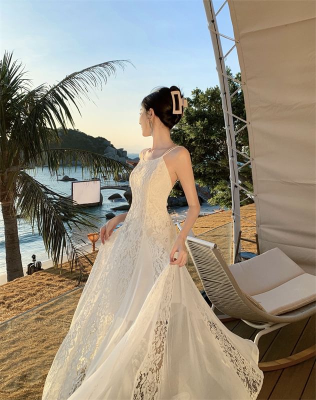 Lace Open Sundress Maxi Strap Spaghetti Back Panel Plain