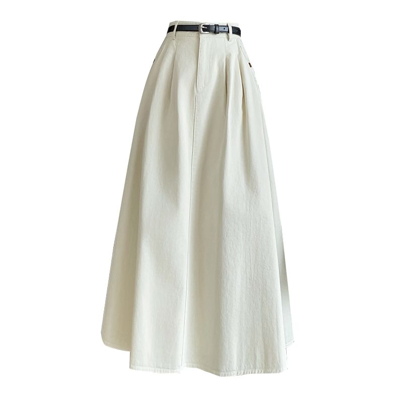 High Waist Plain Pleated Midi A-Line Denim Skirt