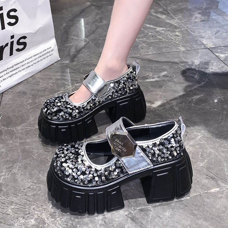 Platform Mary Jane Shoes Sequined