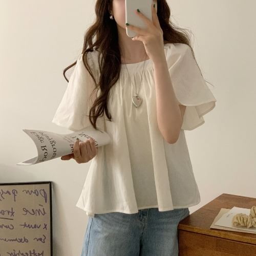 Short-Sleeve Square Neck Plain Blouse