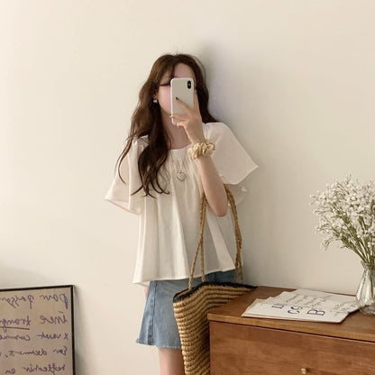 Short-Sleeve Square Neck Plain Blouse