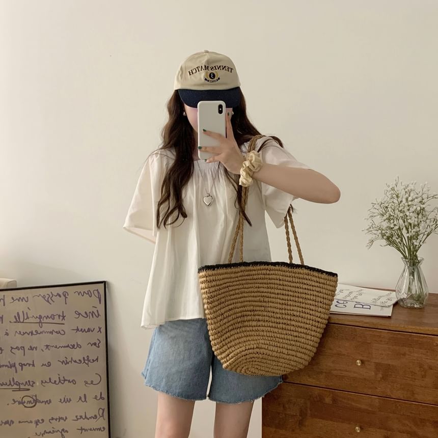 Short-Sleeve Square Neck Plain Blouse