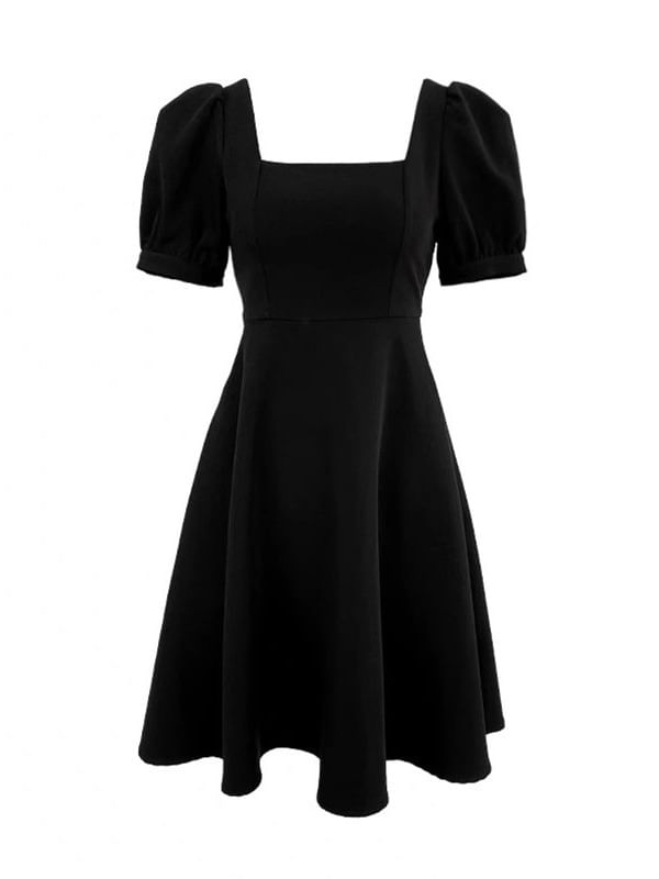 Puff Sleeve Square Neck Plain Mini A-Line Dress