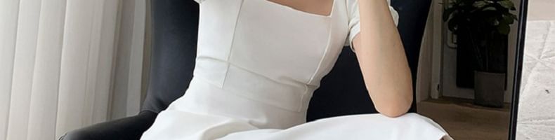Dress Mini Square Neck Puff Plain A-Line Sleeve