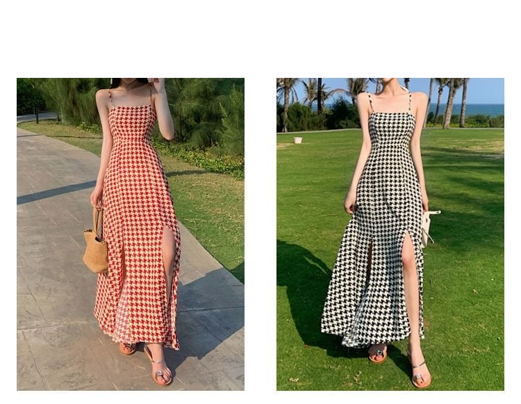 Dress Houndstooth Slit Spaghetti Maxi Strap A-Line