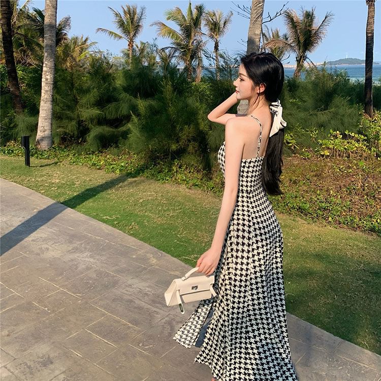 Dress Houndstooth Slit Spaghetti Maxi Strap A-Line