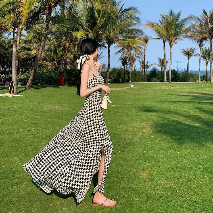 Dress Houndstooth Slit Spaghetti Maxi Strap A-Line