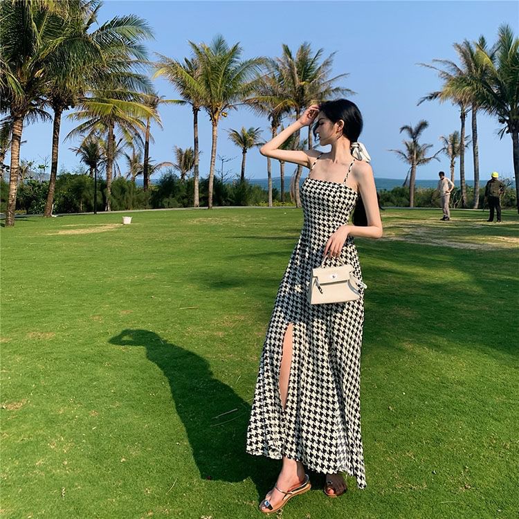 Dress Houndstooth Slit Spaghetti Maxi Strap A-Line
