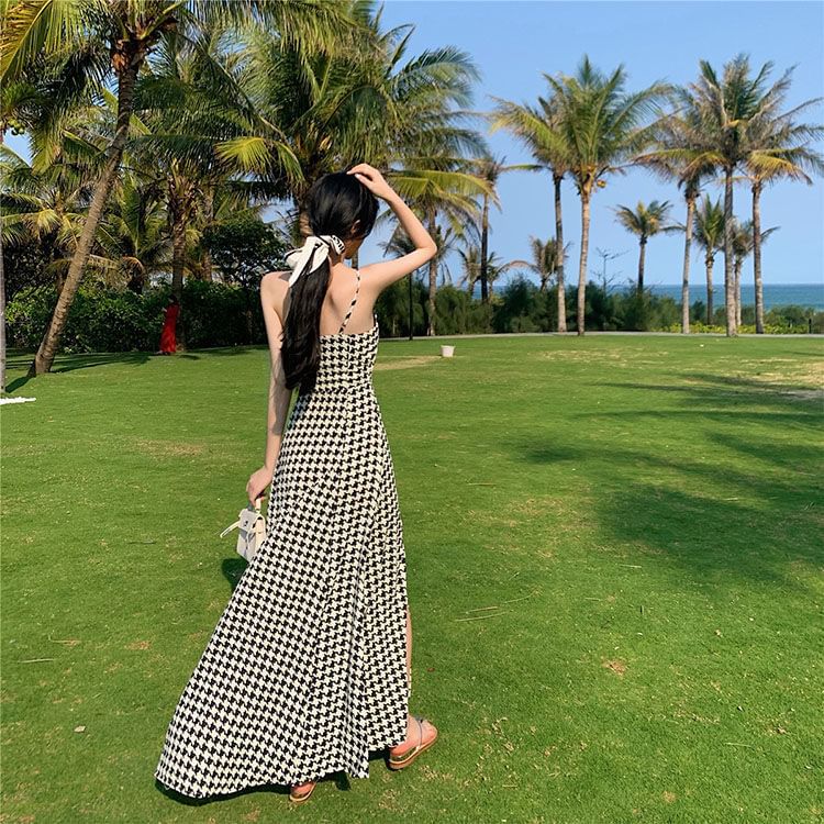 Dress Houndstooth Slit Spaghetti Maxi Strap A-Line