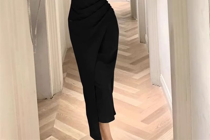 Dress Square Neck Sheath Midi Plain Sleeveless Ruched