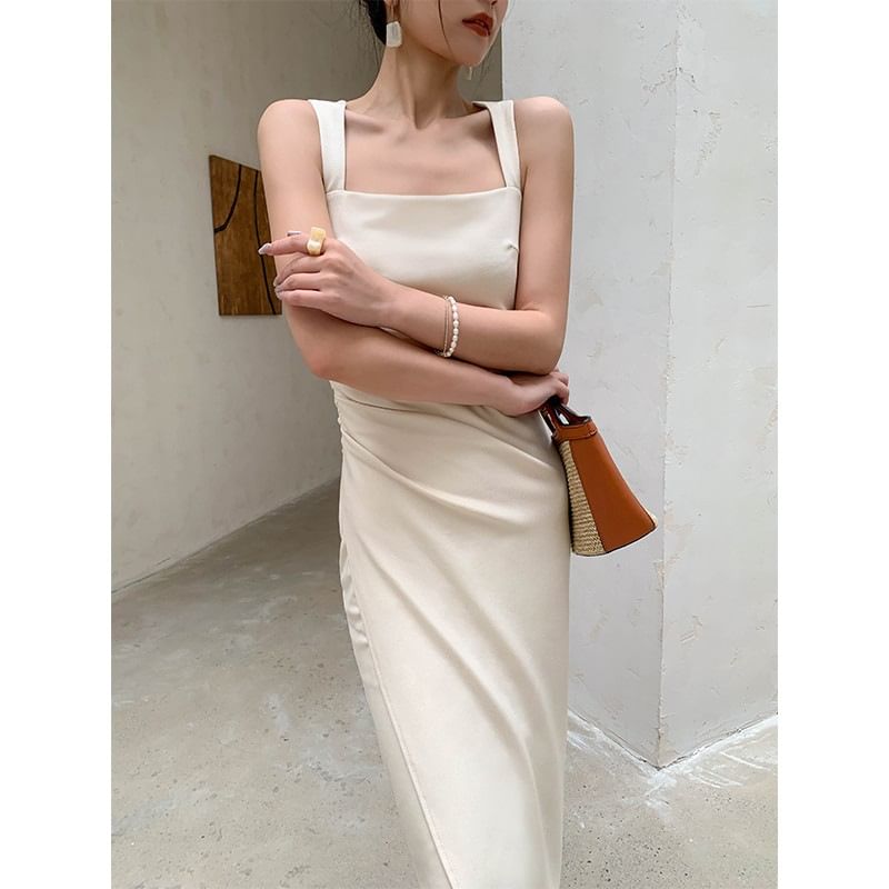 Dress Square Neck Sheath Midi Plain Sleeveless Ruched