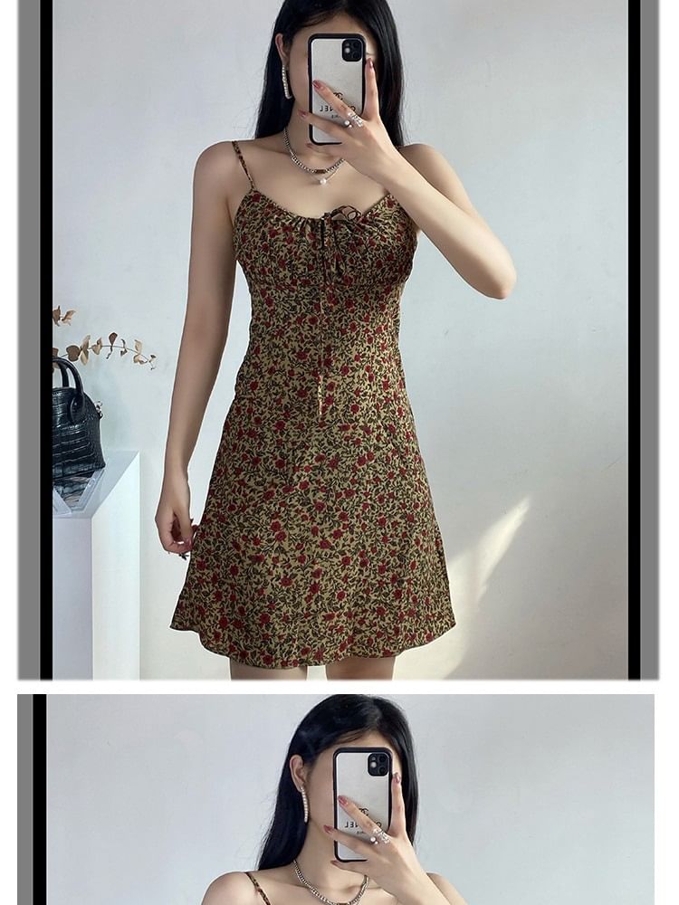 Spaghetti Floral Strap Tie Print Front Mini Dress A-Line