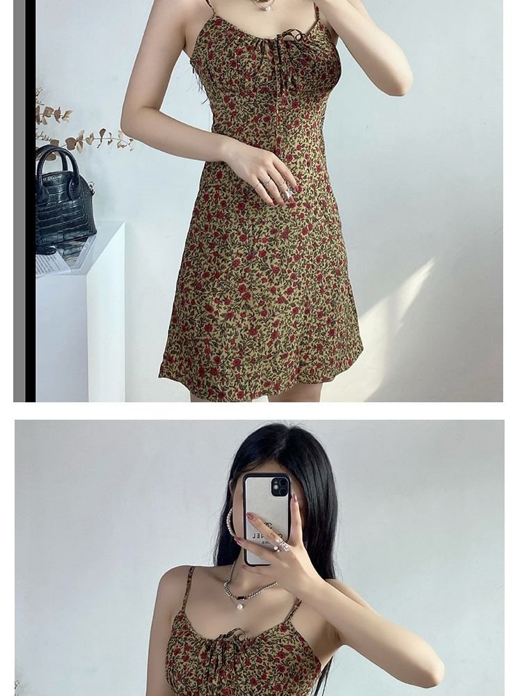 Mini Strap Tie Print Floral A-Line Dress Front Spaghetti