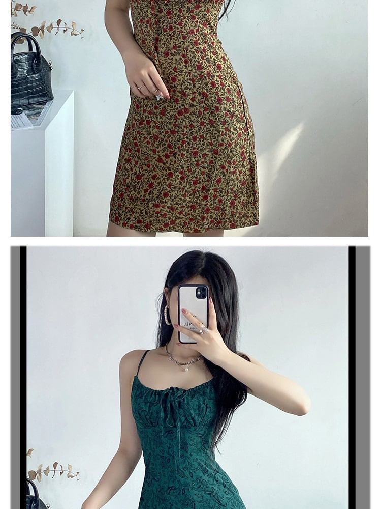 Mini Strap Tie Print Floral A-Line Dress Front Spaghetti