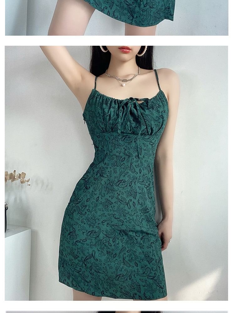 Mini Strap Tie Print Floral A-Line Dress Front Spaghetti