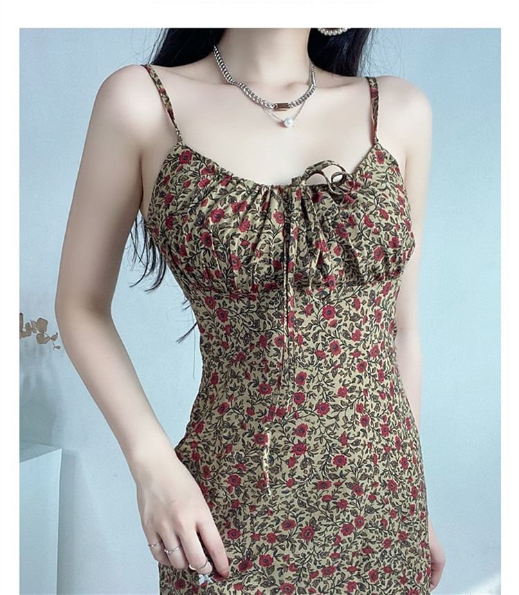 Spaghetti Floral Strap Tie Print Front Mini Dress A-Line