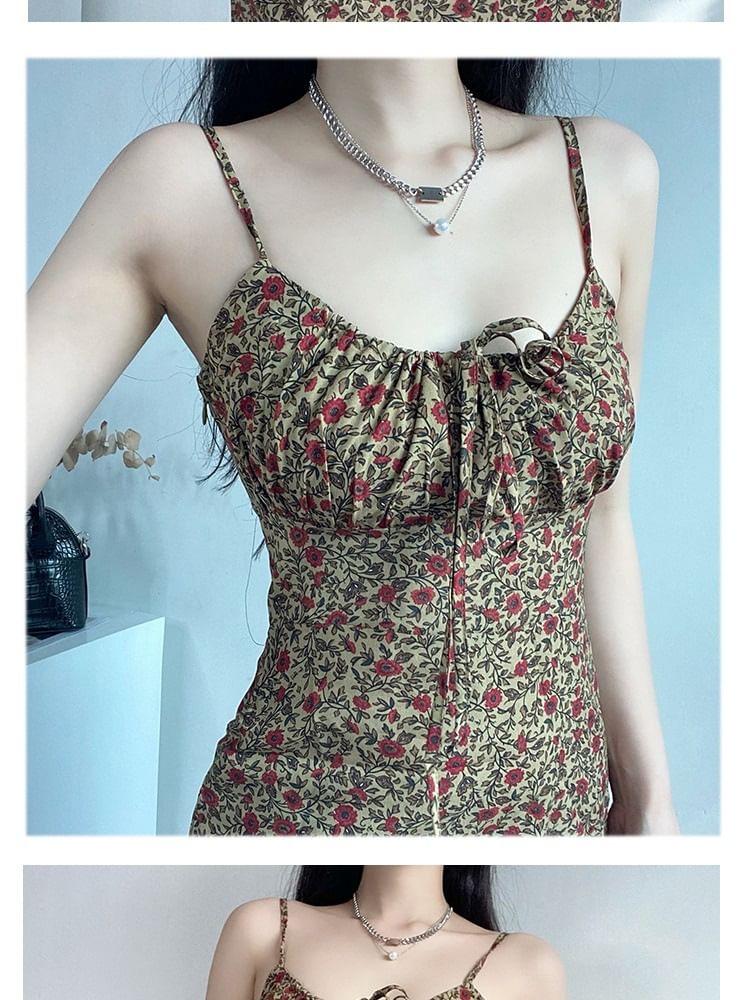 Spaghetti Floral Strap Tie Print Front Mini Dress A-Line