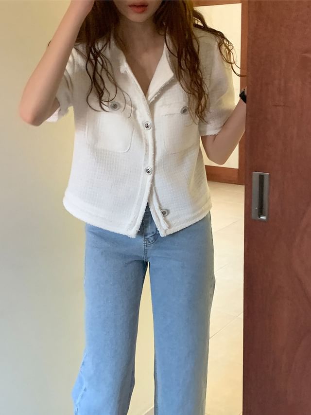 Short-Sleeve Button-Up Tweed Jacket