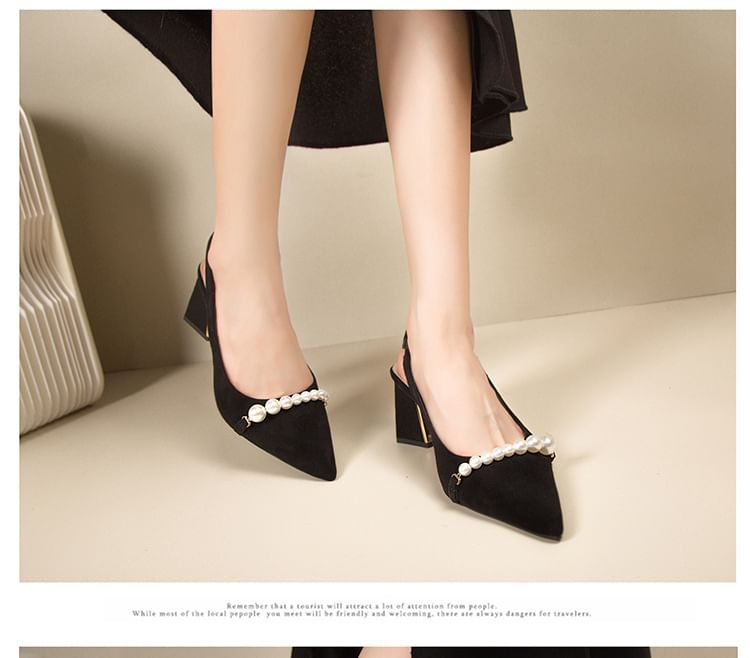 Pointed Block Slingback Beaded Sandals Heel