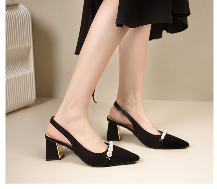 Pointed Block Slingback Beaded Sandals Heel