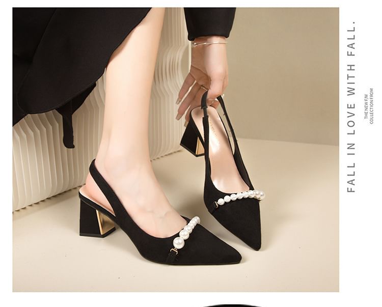 Pointed Block Slingback Beaded Sandals Heel