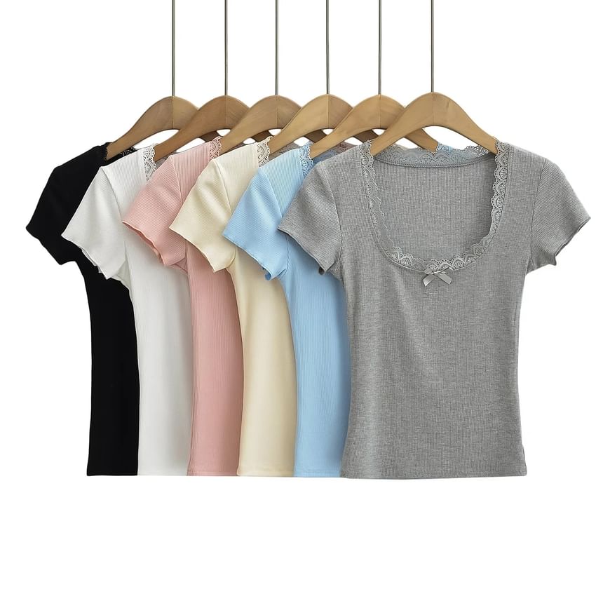 Square-Neck Lace-Trim Fitted Crop Top