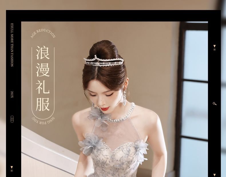 Pearl Floral Gown Neck Round Evening Mesh Faux A-Line Patterned Sleeveless