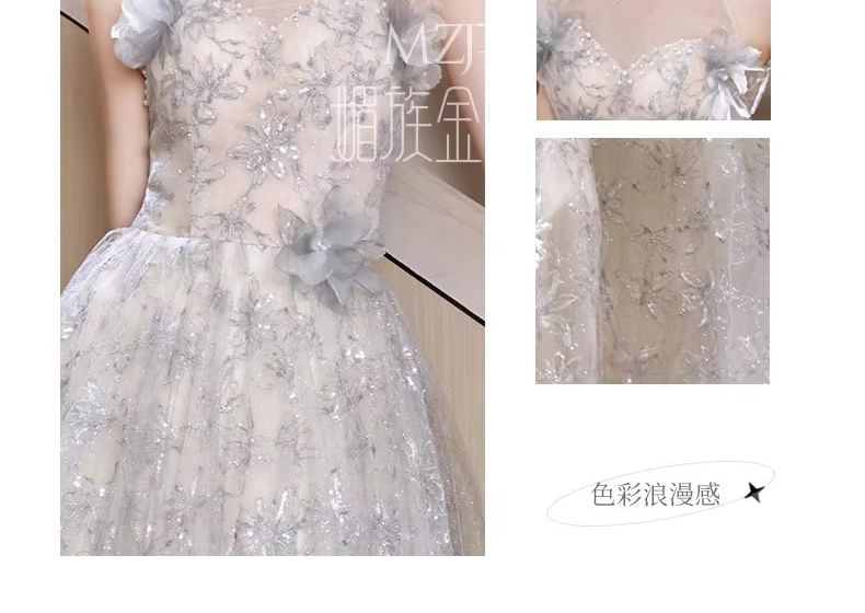 Pearl Floral Gown Neck Round Evening Mesh Faux A-Line Patterned Sleeveless