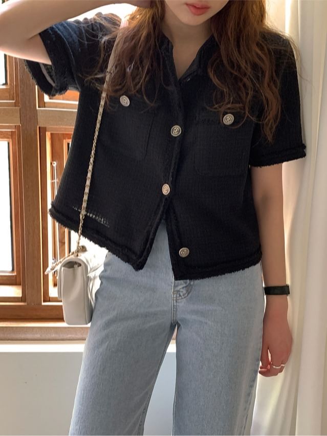 Short-Sleeve Crew Neck Plain Tweed Button-Up Crop Jacket