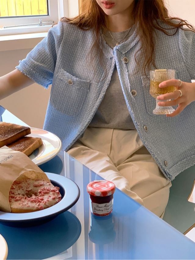 Short-Sleeve Crew Neck Plain Tweed Button-Up Crop Jacket