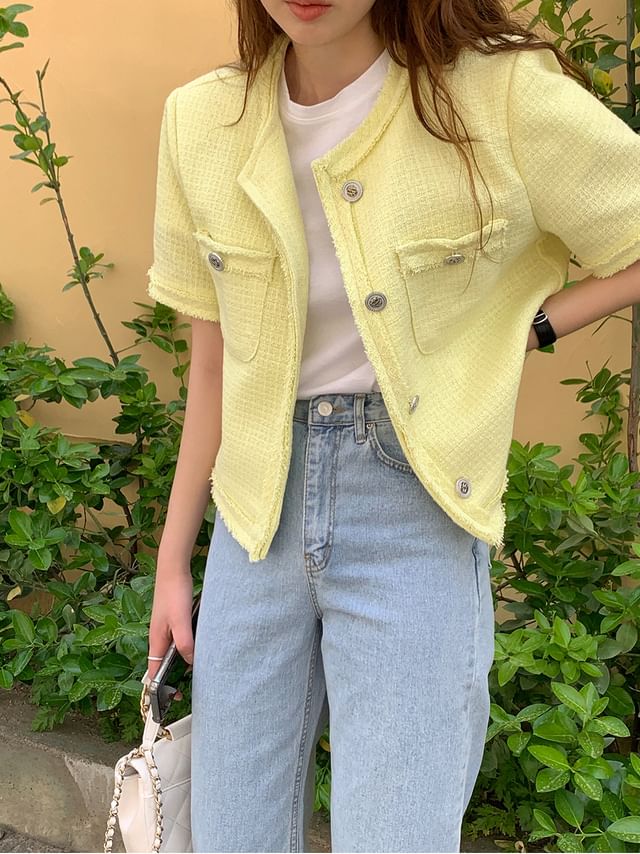 Short-Sleeve Crew Neck Plain Tweed Button-Up Crop Jacket