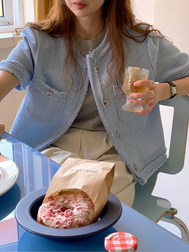 Short-Sleeve Crew Neck Plain Tweed Button-Up Crop Jacket