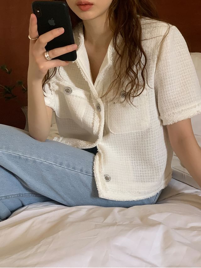Short-Sleeve Crew Neck Plain Tweed Button-Up Crop Jacket