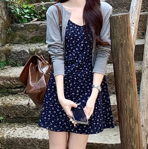 Dress / Mini Melange Floral Spaghetti Crop Strap A-Line Cardigan