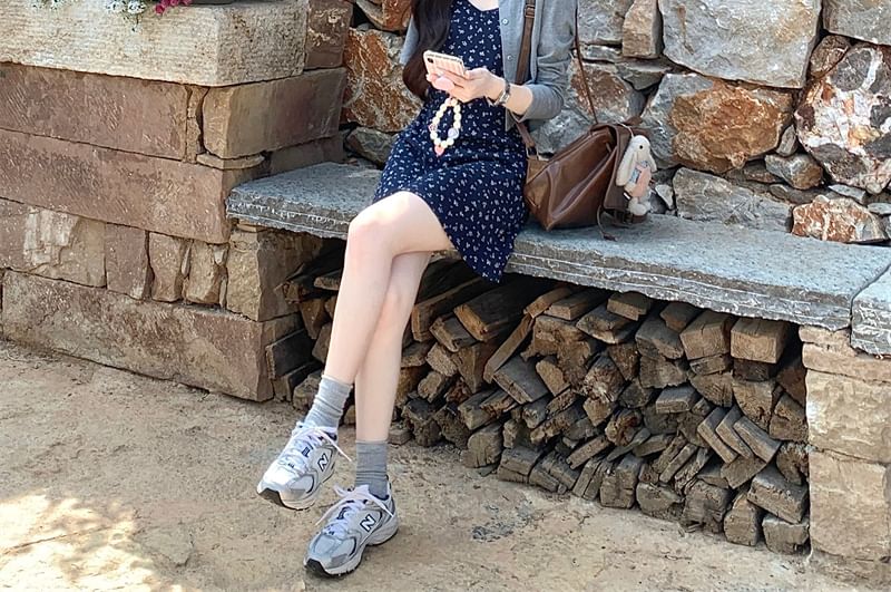 Dress / Mini Melange Floral Spaghetti Crop Strap A-Line Cardigan