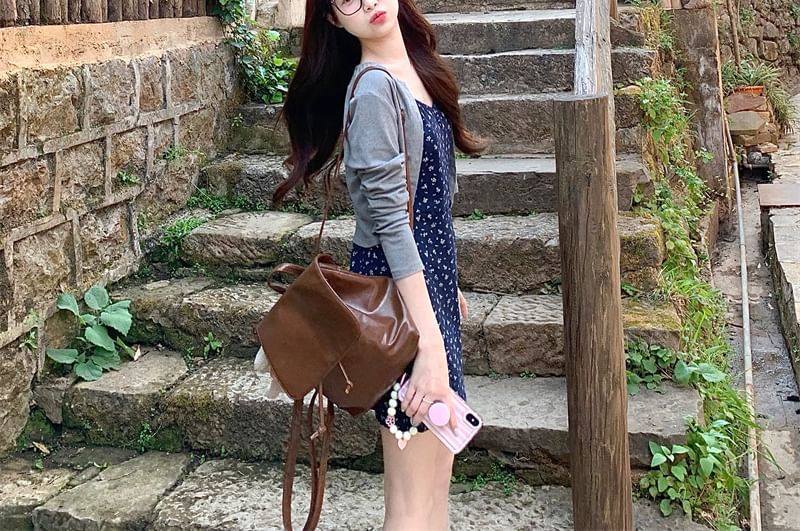 Dress / Mini Melange Floral Spaghetti Crop Strap A-Line Cardigan