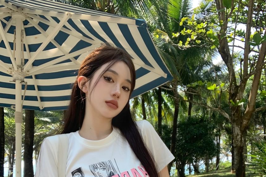 Cartoon Crop Neck Slim T-Shirt Round Short-Sleeve Print Fit