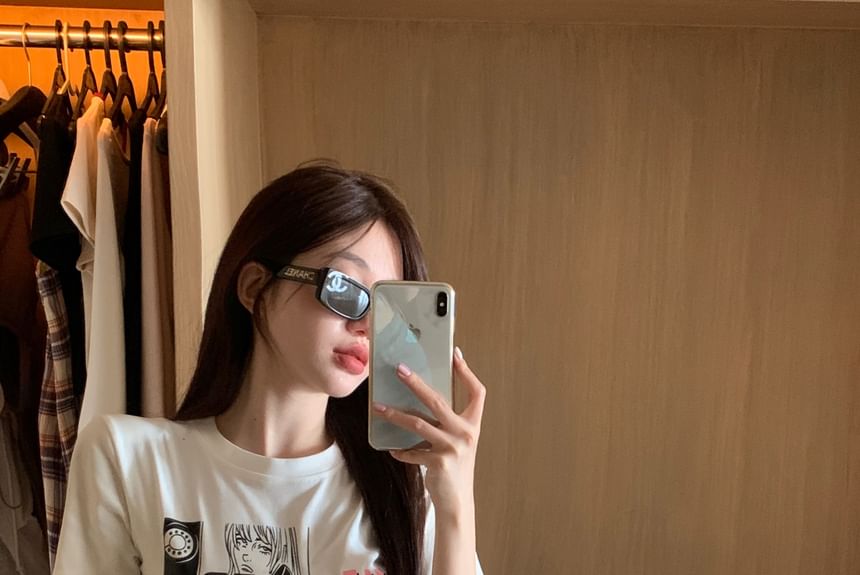 Cartoon Crop Neck Slim T-Shirt Round Short-Sleeve Print Fit