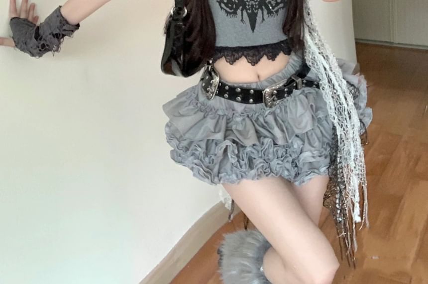 Lace-Trim Cami and Tiered Mini Skirt