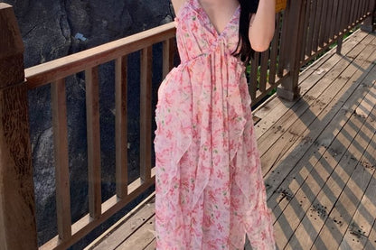 Spaghetti Strap Floral Print Ruffled Midi Sundress