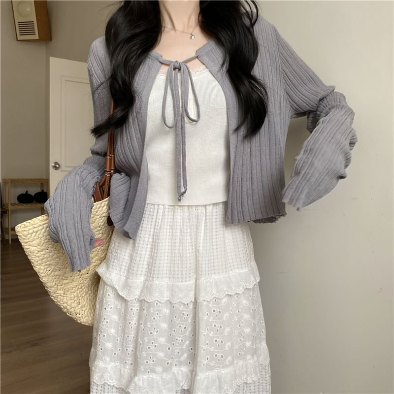 Scoop-Neck Lace Crop Cami and Ribbed Cardigan