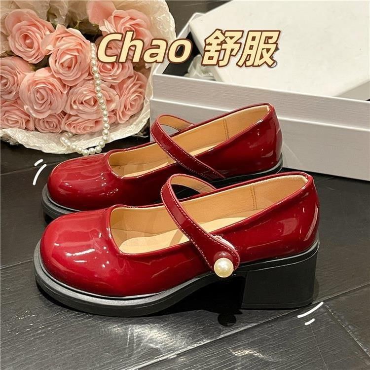 Heel Mary Patent Block Jane Shoes Pearl Faux