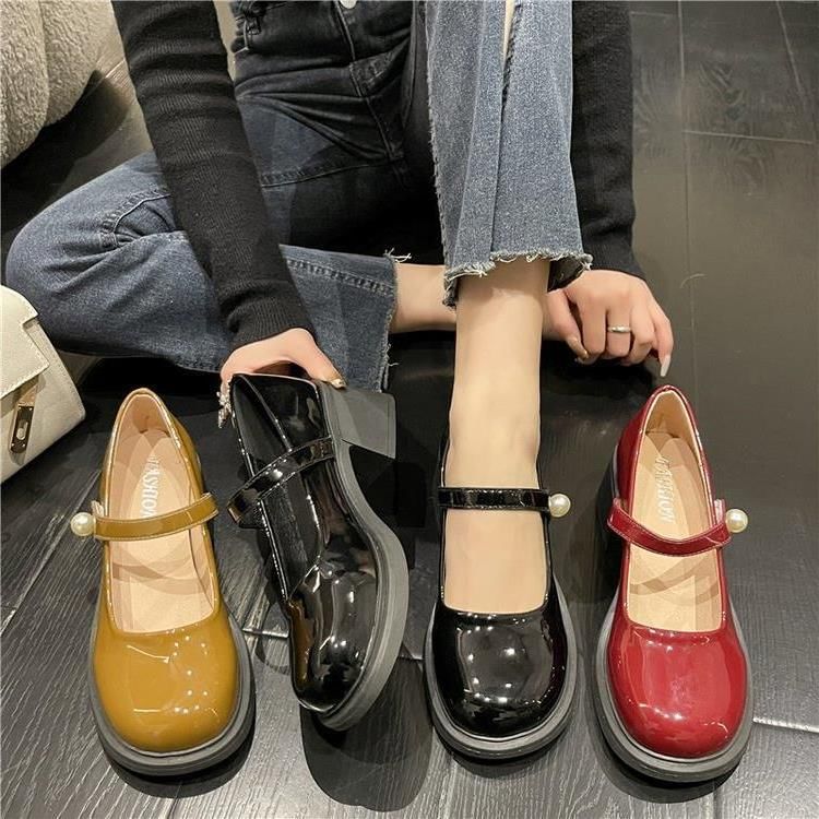 Heel Mary Patent Block Jane Shoes Pearl Faux